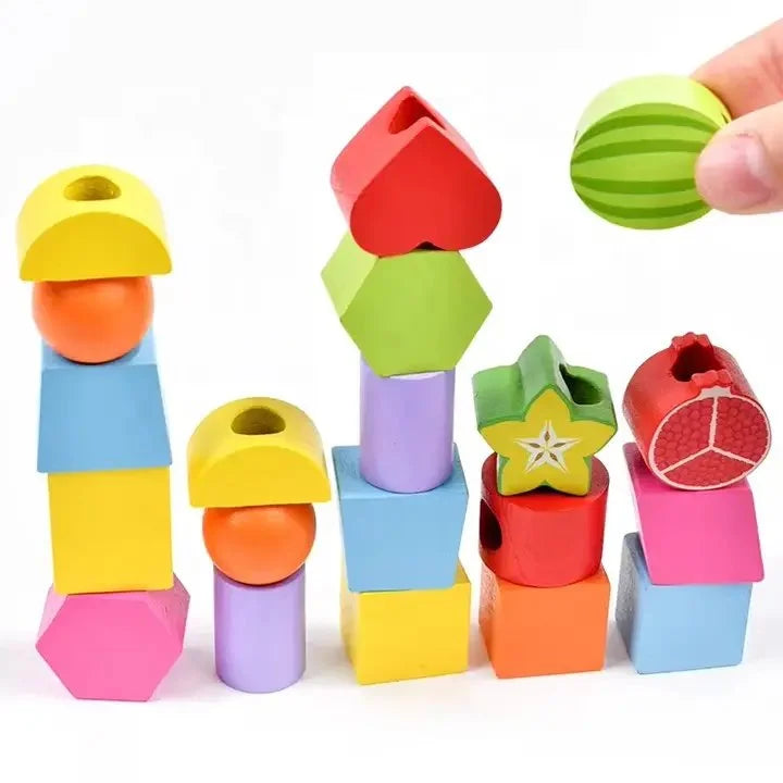 Wooden Montessori Shapes & Fruits Lacing Beads Set