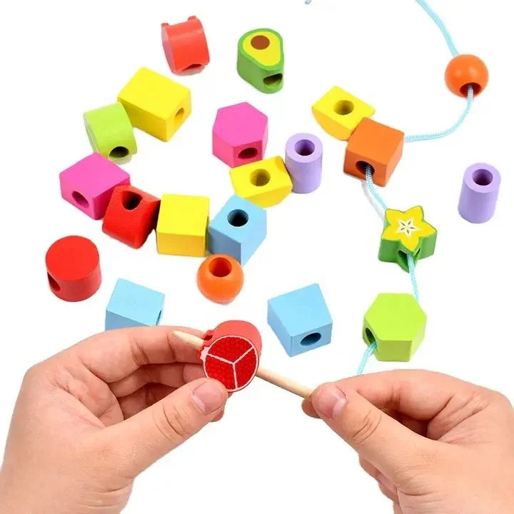 Wooden Montessori Shapes & Fruits Lacing Beads Set