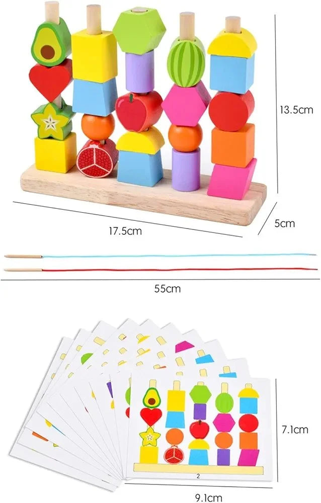 Wooden Montessori Shapes & Fruits Lacing Beads Set