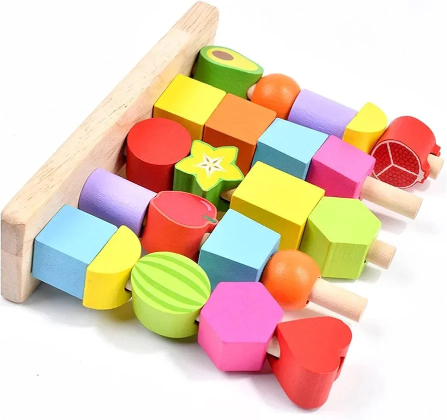 Wooden Montessori Shapes & Fruits Lacing Beads Set