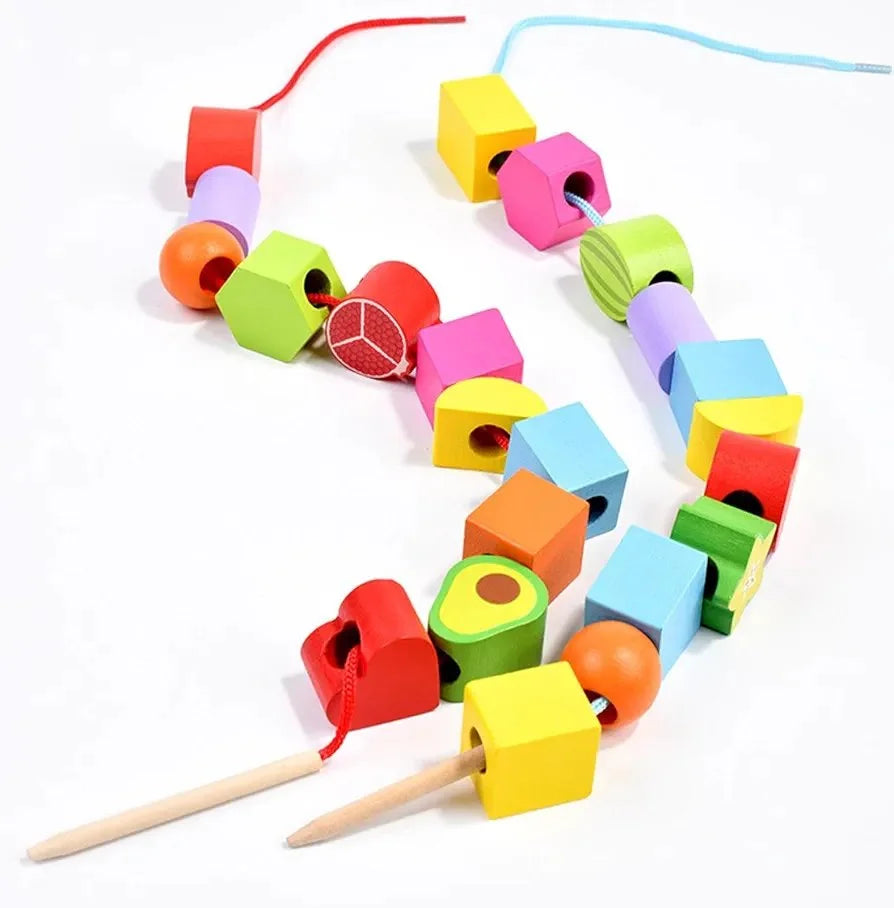 Wooden Montessori Shapes & Fruits Lacing Beads Set