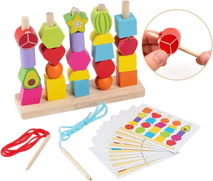 Wooden Montessori Shapes & Fruits Lacing Beads Set