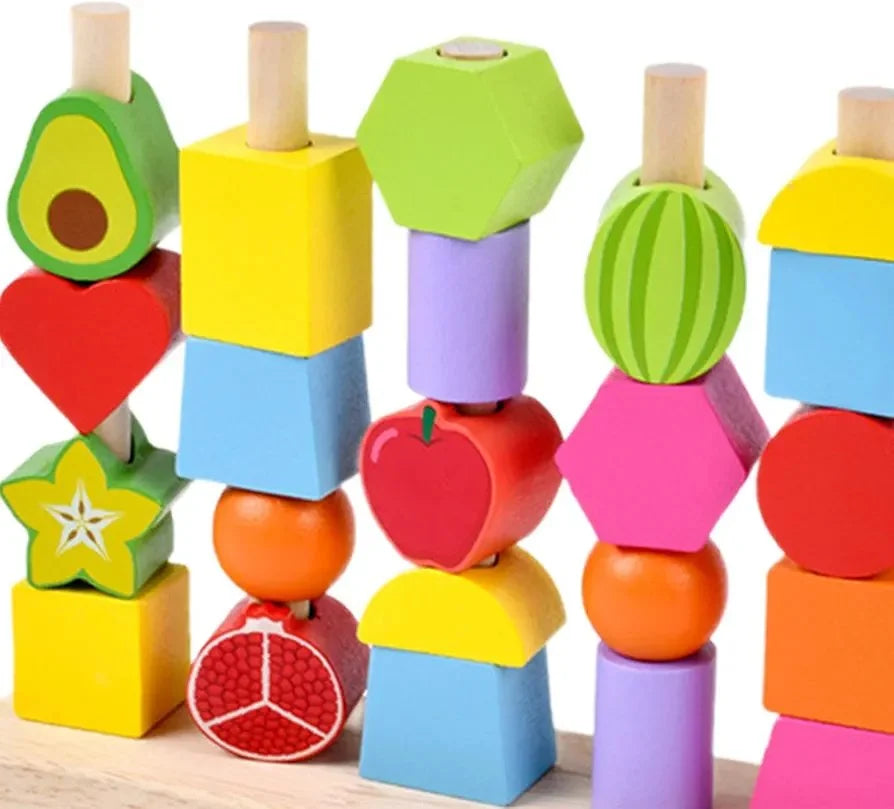 Wooden Montessori Shapes & Fruits Lacing Beads Set