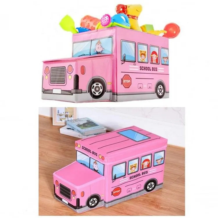 Kids Foldable Storage Box - School Bus Design Pink
