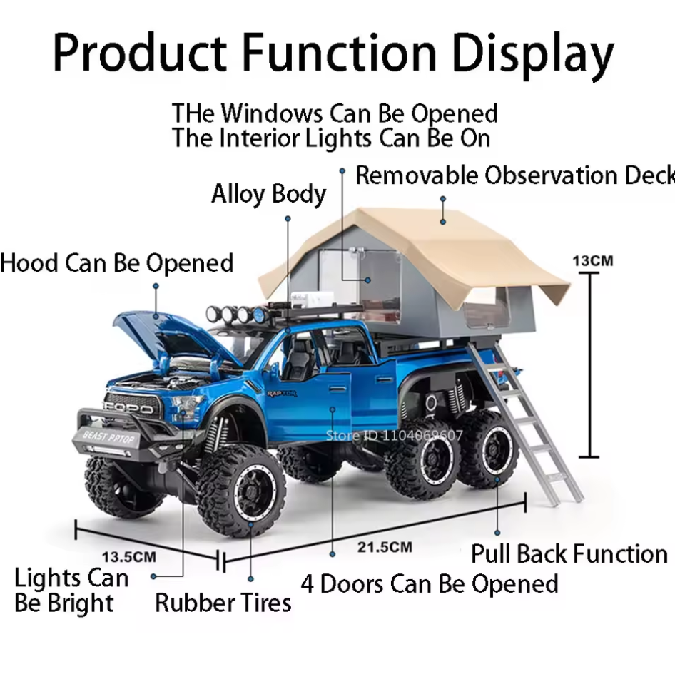 1:24 Diecast Ford Raptor F150 Camping Truck
