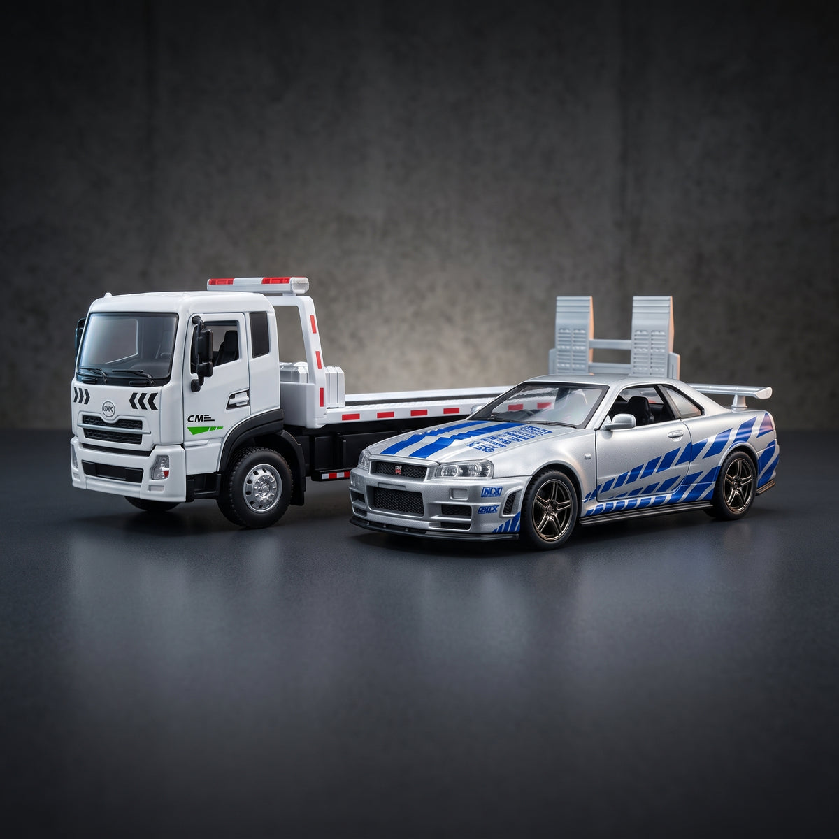 1:24 Diecast Tow Truck with Nissan Skyline GTR Model