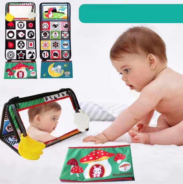 Baby Tummy Time Mirror Cloth Book With Teether