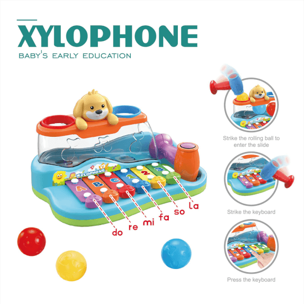 2in1 Montessori Puppy Musical Xylophone With Hammer & Balls