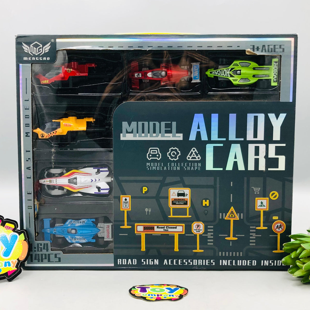 1:64 Alloy Inertial Vehicles With Road Signs - 14Pcs
