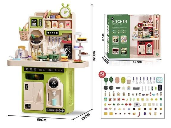 93Pcs Large Pretend Play Kitchen With Light & Sound - Green