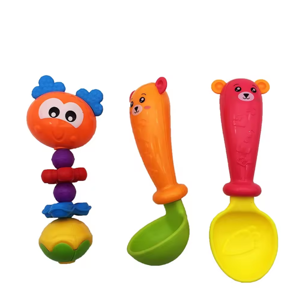 Soft Plastic Animal Design Baby Spoon & Rattle - 3Pcs