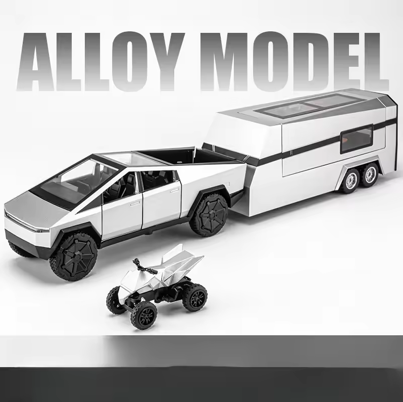 1:24 Diecast Tesla Pickup Truck Model With Trailer & Miniature