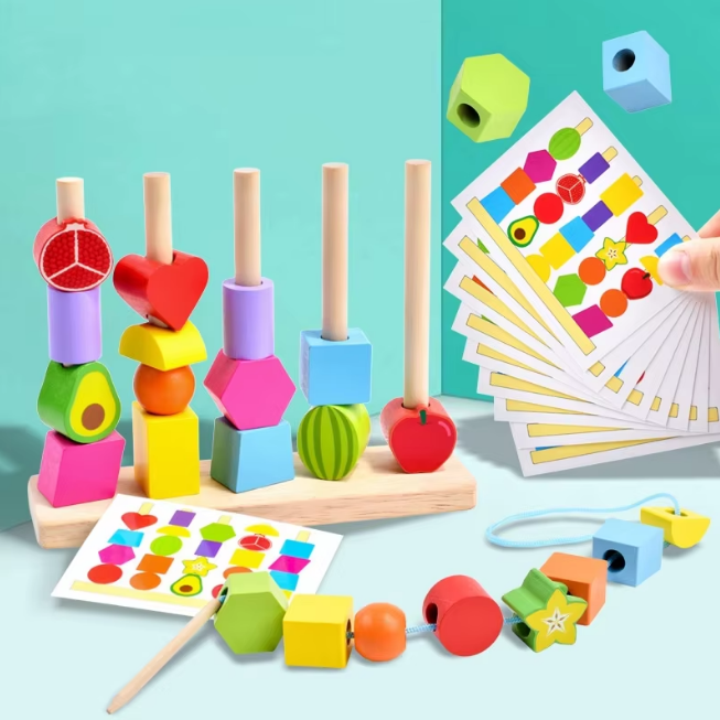 Wooden Montessori Shapes & Fruits Lacing Beads Set