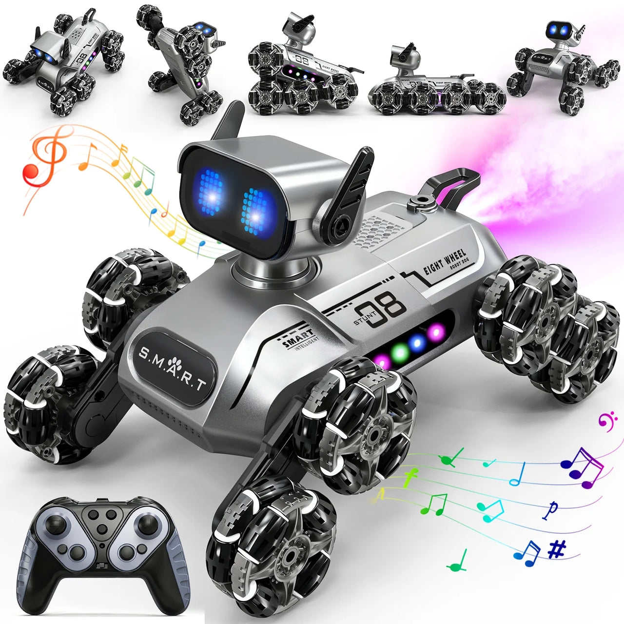 2.4GHz RC 8 Wheels Stunt Robot Dog With Smoke