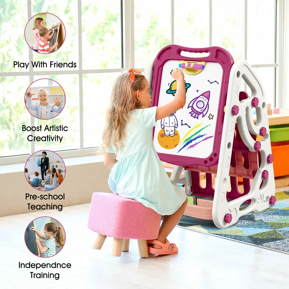 90cm Multi-functional Artistic Drawing Board With Book Shelf - Pink