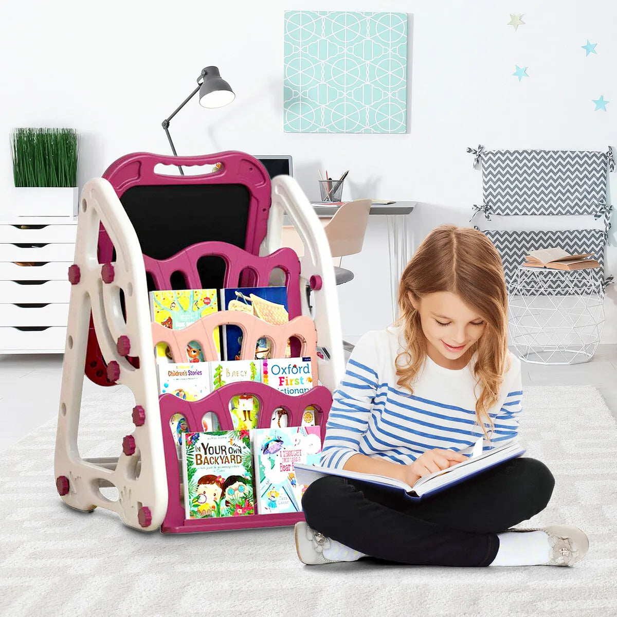 90cm Multi-functional Artistic Drawing Board With Book Shelf - Pink
