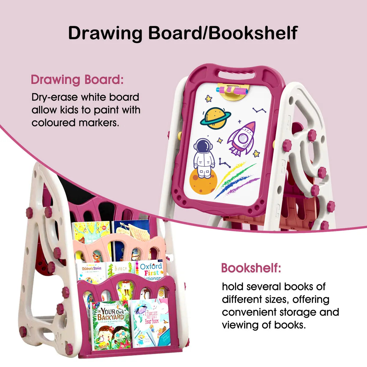 90cm Multi-functional Artistic Drawing Board With Book Shelf - Pink