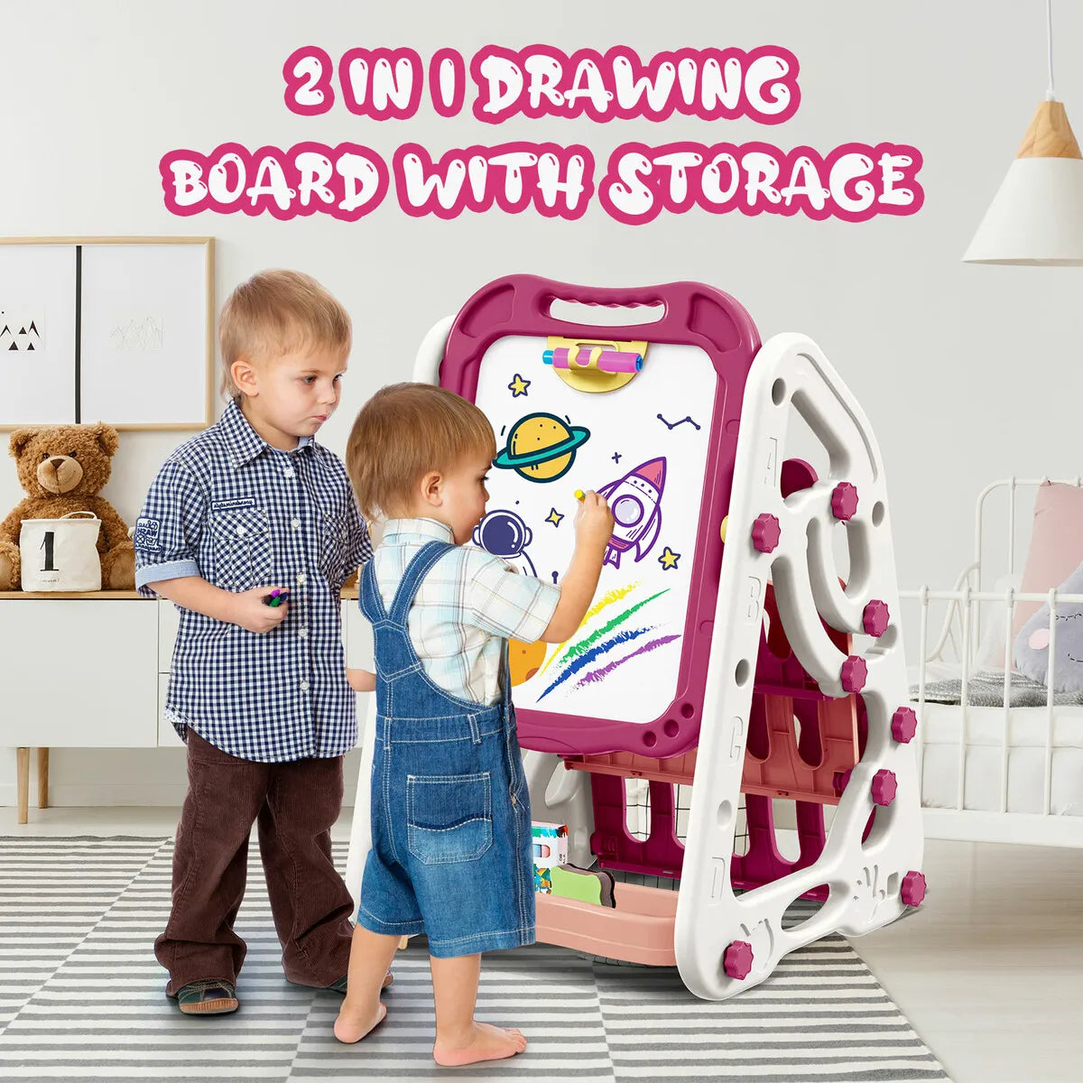 90cm Multi-functional Artistic Drawing Board With Book Shelf - Pink