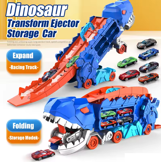 2in1 Foldable Dinosaur Transport Truck With 2Pcs Alloy Cars