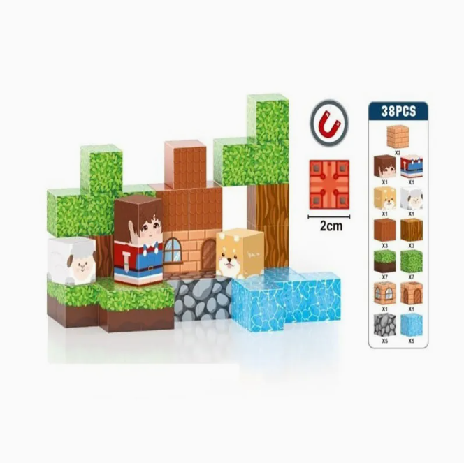 38Pcs 3D Magnetic Cube Pixel World Adventure Blocks