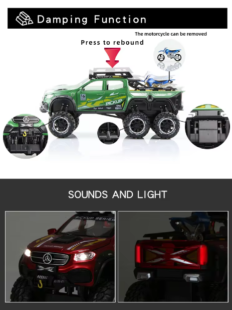 1:24 Diecast Mercedes X-Class 6X6 Pickup Truck With Mini Bike