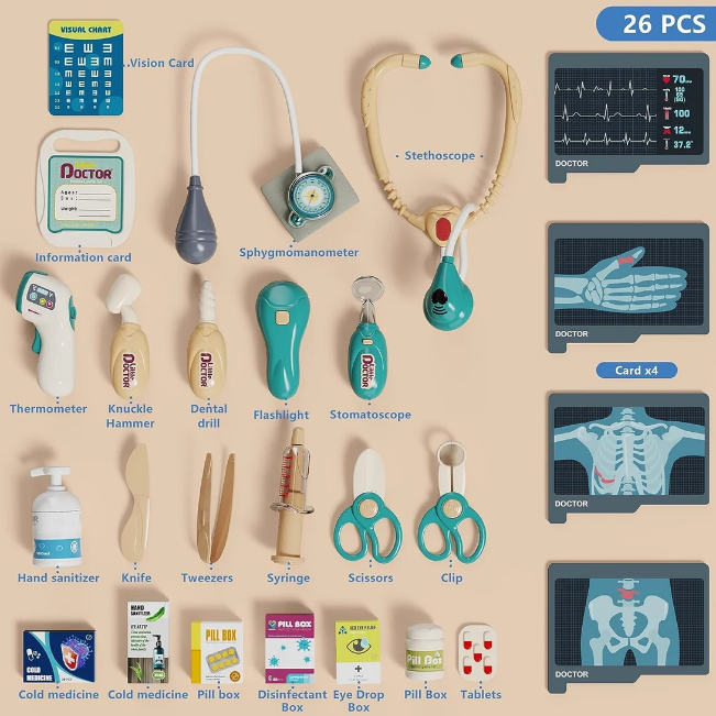 26Pcs Kids Doctor Medical Trolley With Light & Sound