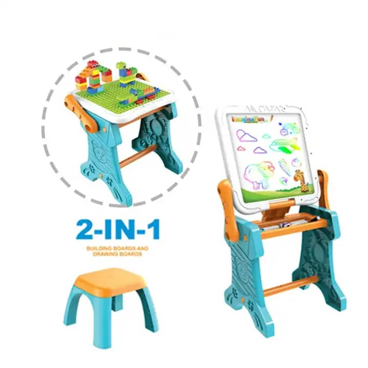Kids 2in1 Drawing & Building Blocks Table With Stool