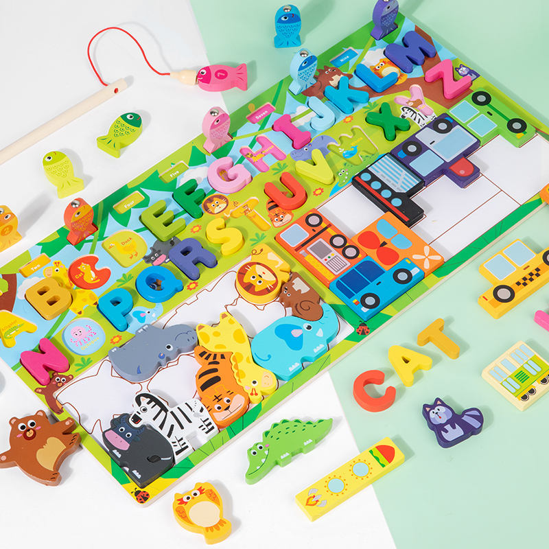 Wooden Montessori 4in1 Letter Fishing Game Board