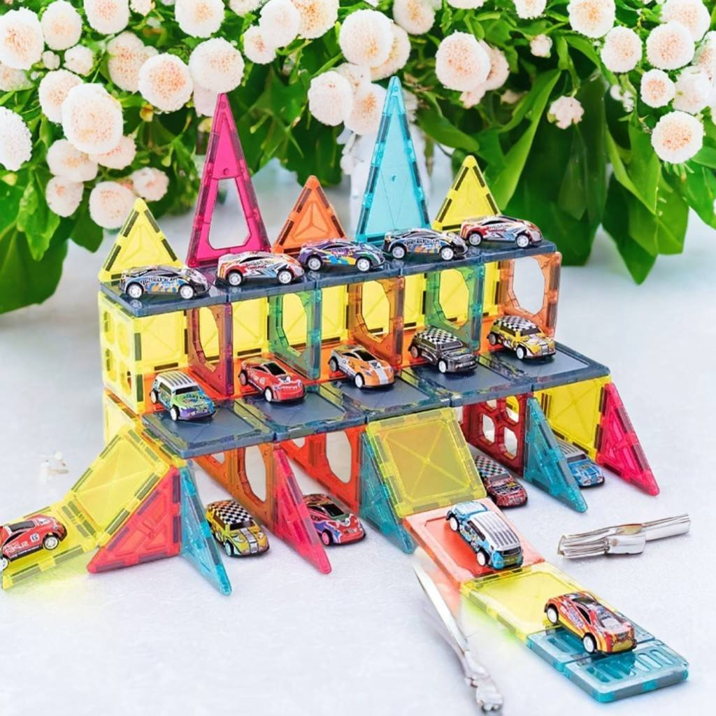 102Pcs DIY Magnetic Tiles Building Blocks With 10Pcs Car