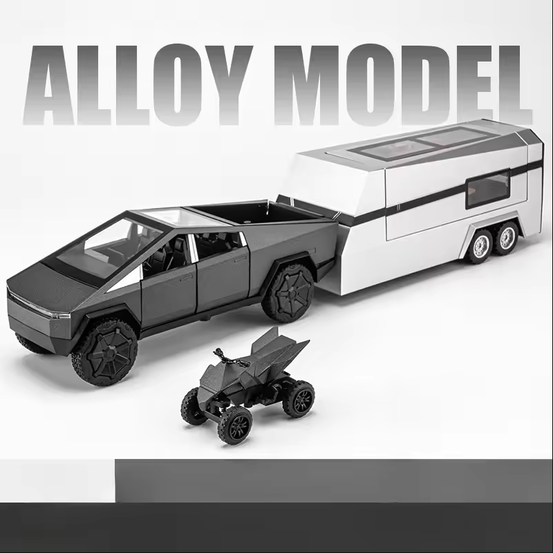 1:24 Diecast Tesla Pickup Truck Model With Trailer & Miniature