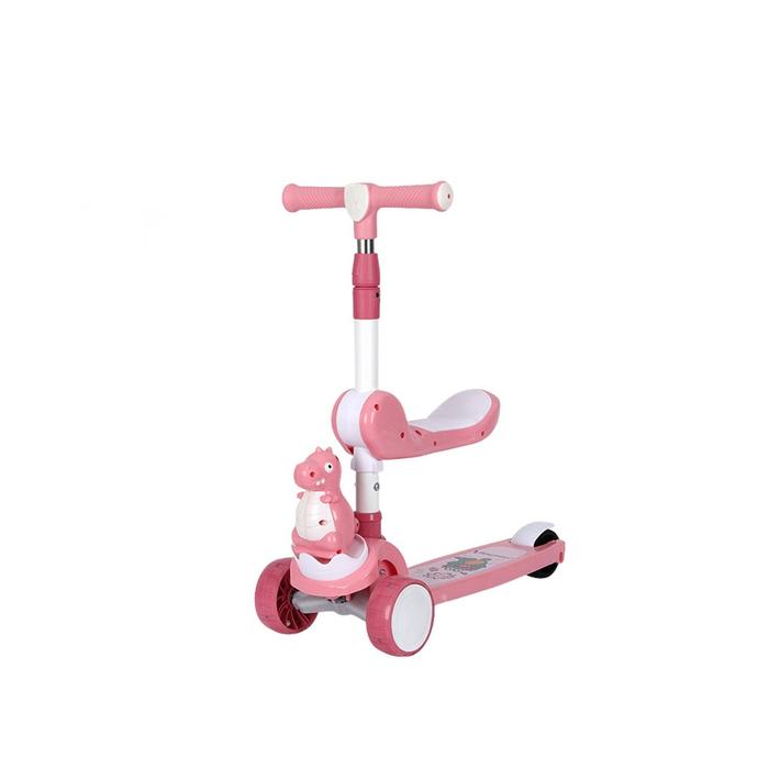 2in1 Dinosaur Adjustable Height Kids Scooter With Light & Music - Pink
