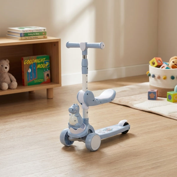 2in1 Dinosaur Adjustable Height Kids Scooter With Light & Music - Blue