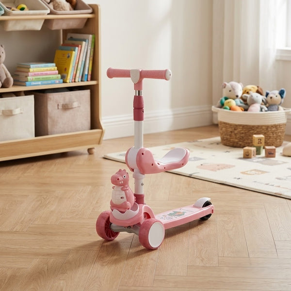 2in1 Dinosaur Adjustable Height Kids Scooter With Light & Music - Pink