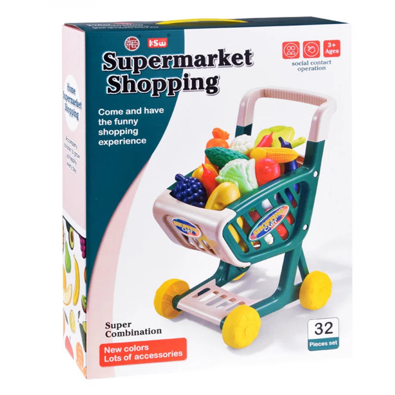 32Pcs Kids Pretend Super Market Shopping Cart