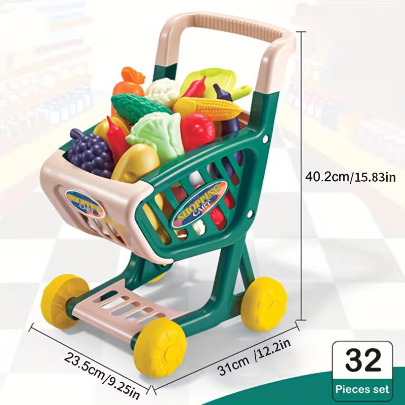 32Pcs Kids Pretend Super Market Shopping Cart
