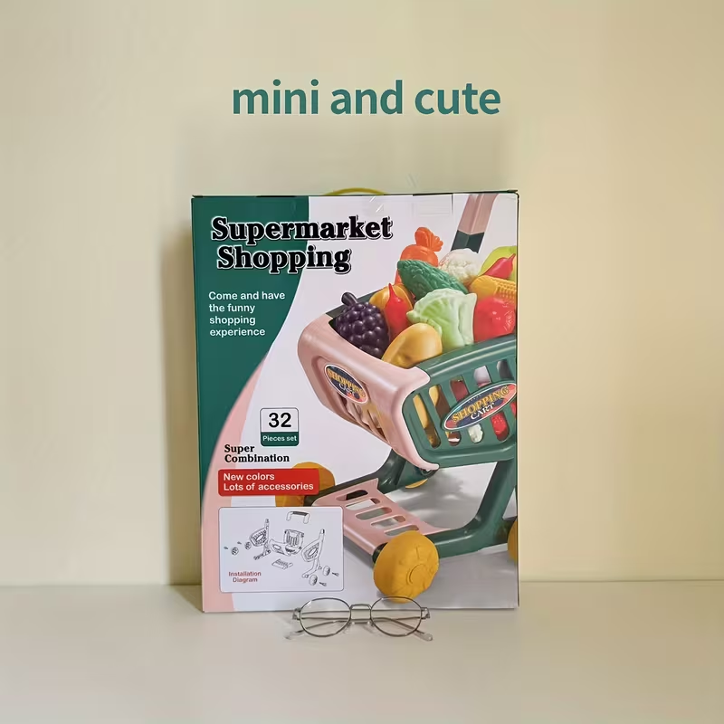 32Pcs Kids Pretend Super Market Shopping Cart