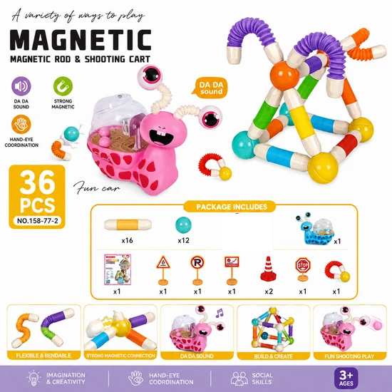 36Pcs Magnetic Pop Sticks Building Blocks With Snail Car