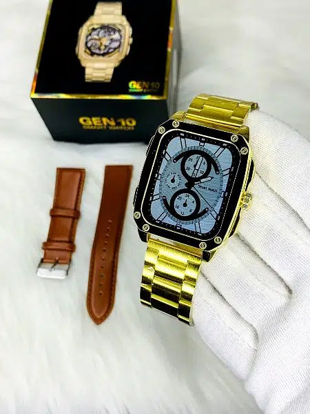 Gen-10 Smart Metal Watch With Gold & Lather Belt