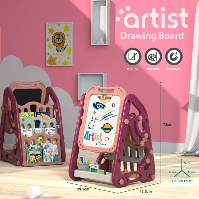 72cm Multi-functional Artistic Drawing Board With Book Shelf - Pink