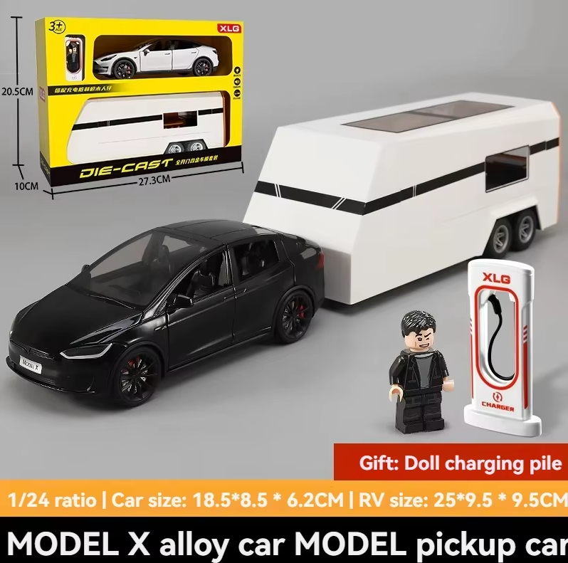 1:24 Diecast Tesla Model X With Trailer & Miniature