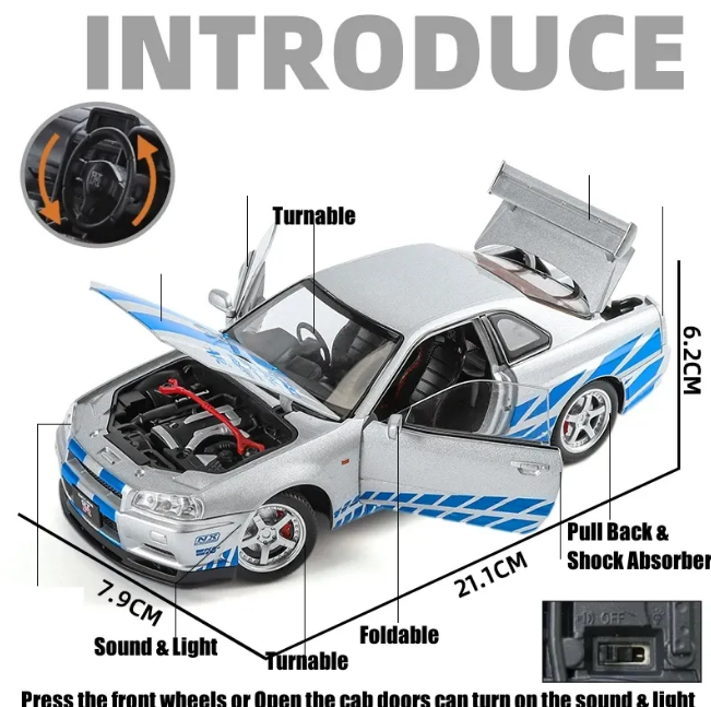 1:24 Diecast Nissan Skyline GT-R R34 Model Car
