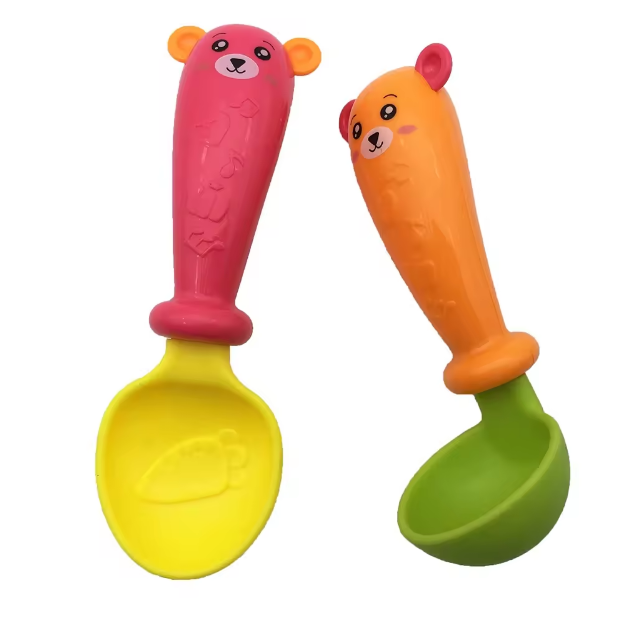 Soft Plastic Animal Design Baby Spoon & Rattle - 3Pcs