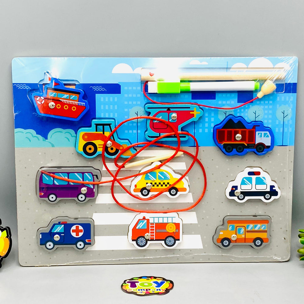 3in1 Wooden Transport Vehicles Fishing Game & White Board