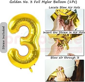 16" Gold Number 3 Foil Balloon - 10Pcs