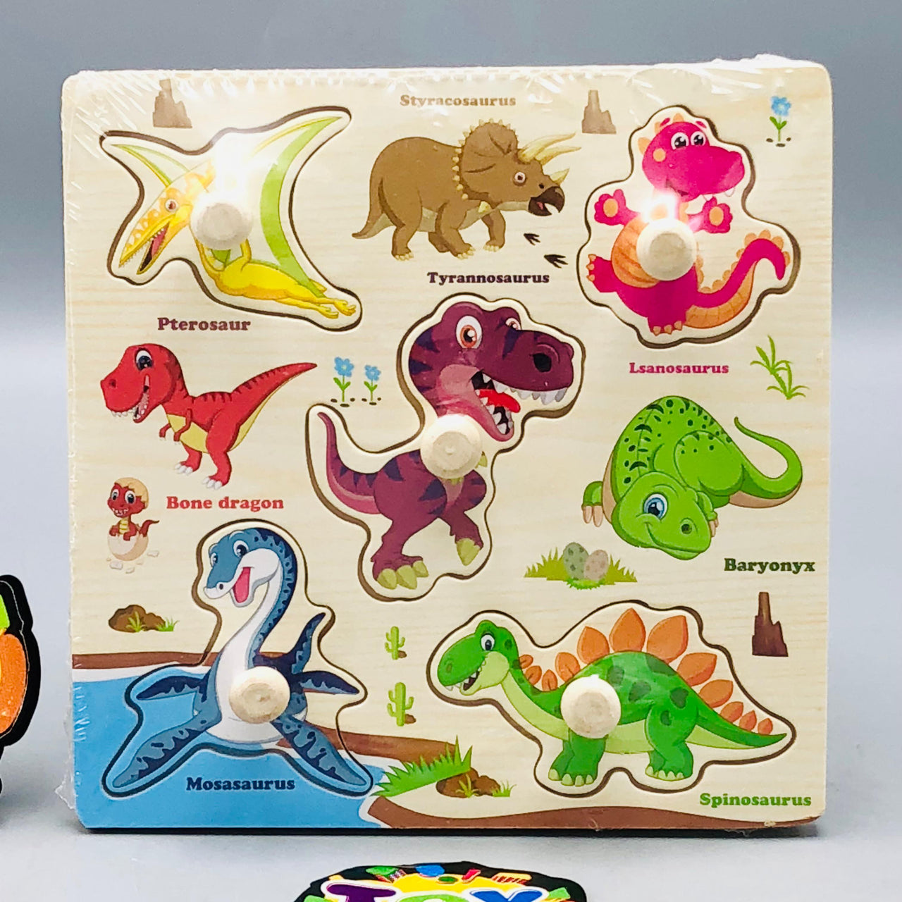 Wooden Dinosaur Themed Puzzle Board With Knobs