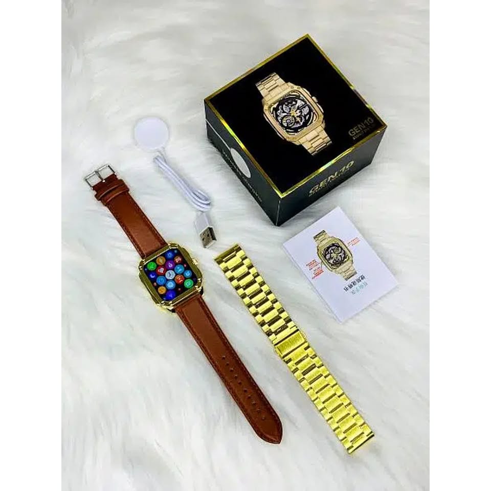 Gen-10 Smart Metal Watch With Gold & Lather Belt