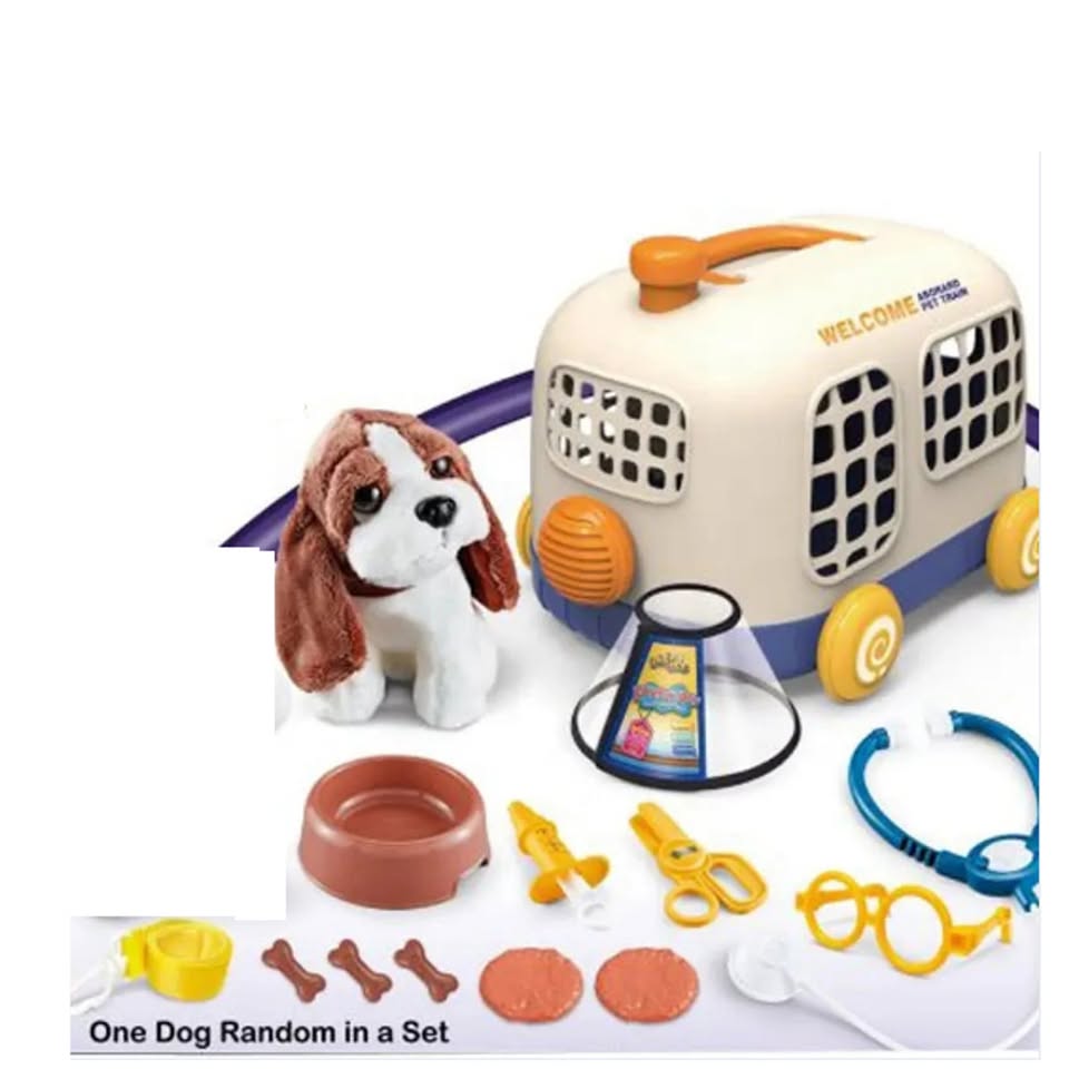 Plush Dog With Pet Bus Cage & Accessories