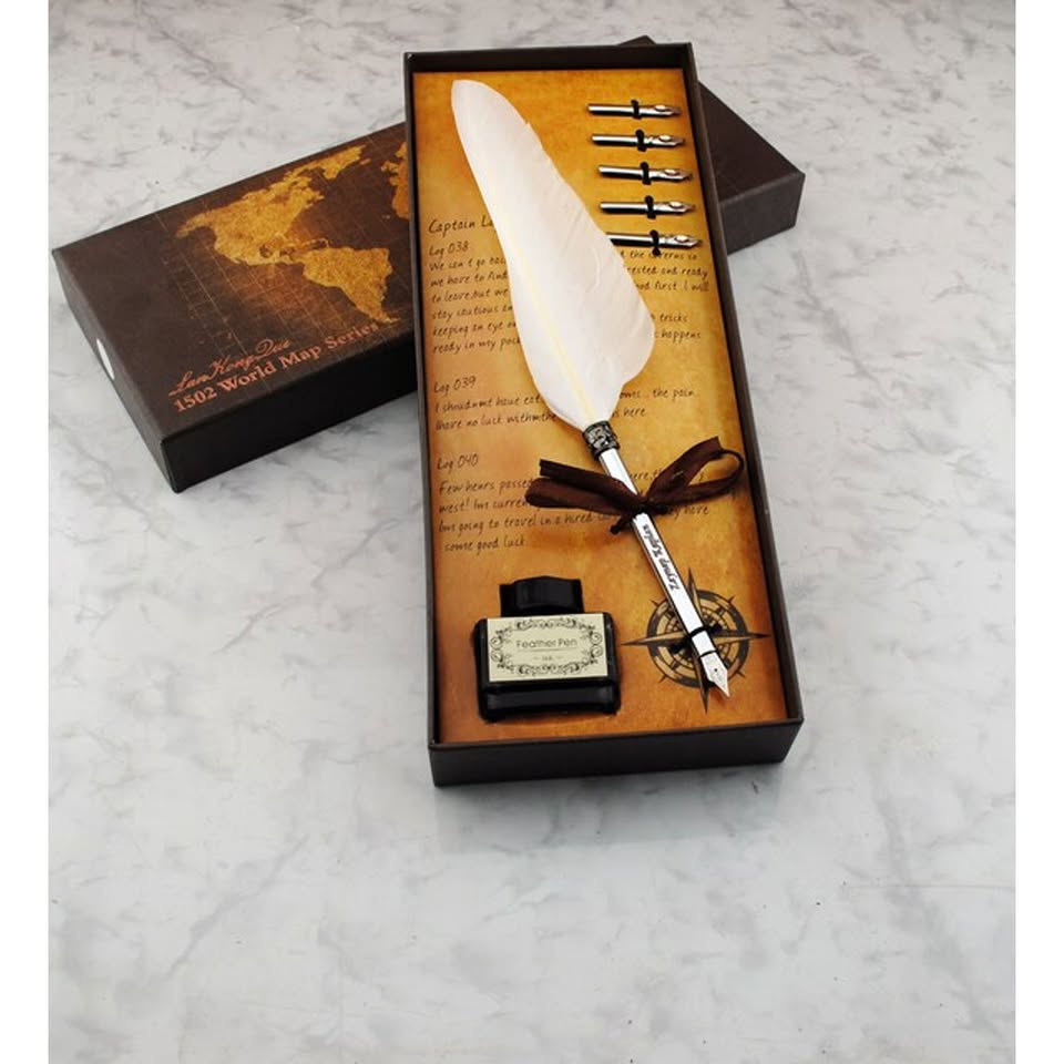 Antique Feather Pen with 5 Replaceable Nibs and Ink