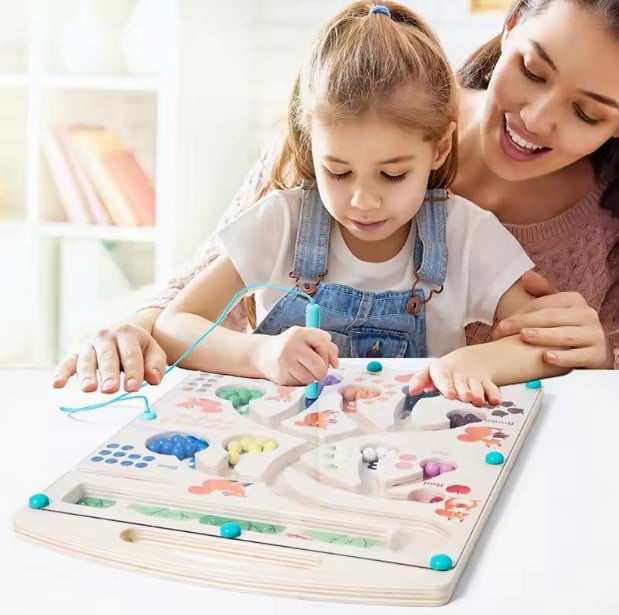 Wooden Digital Maze Game With Magnetic Pen & Beads