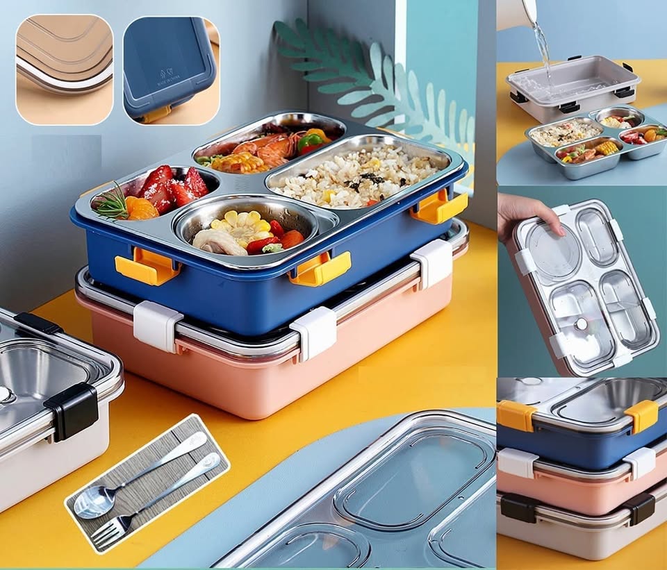 Stainless Steel 4 Compartment Lunch Box With Spoon & Chopsticks